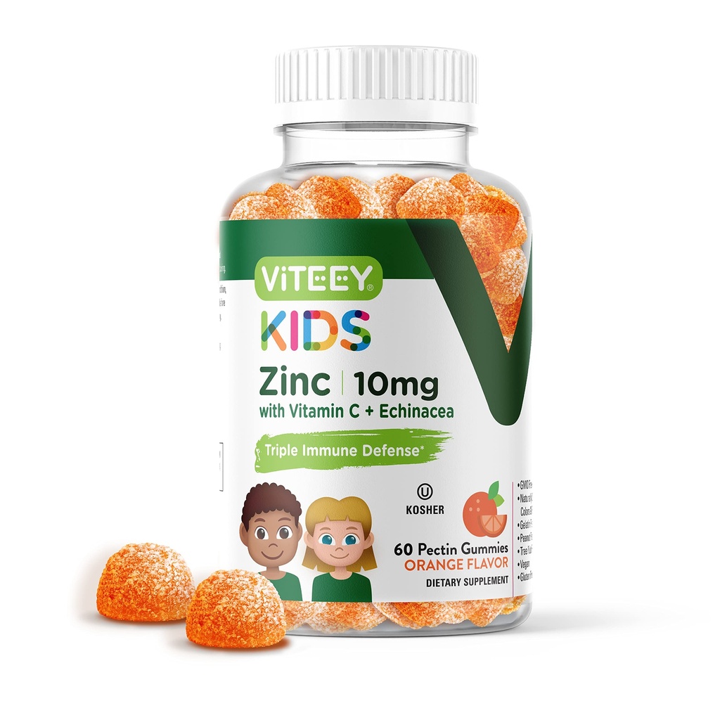Viteey Zink til børn Gummies 10mg, med C-vitamin & Echinacea - immunforsvar, kraftfuld Natural Antioxidant, Kids Zink Vitamin Supplement - Vegan, Gelatine Free - Tasty Chewable Orange Flavor Gummy