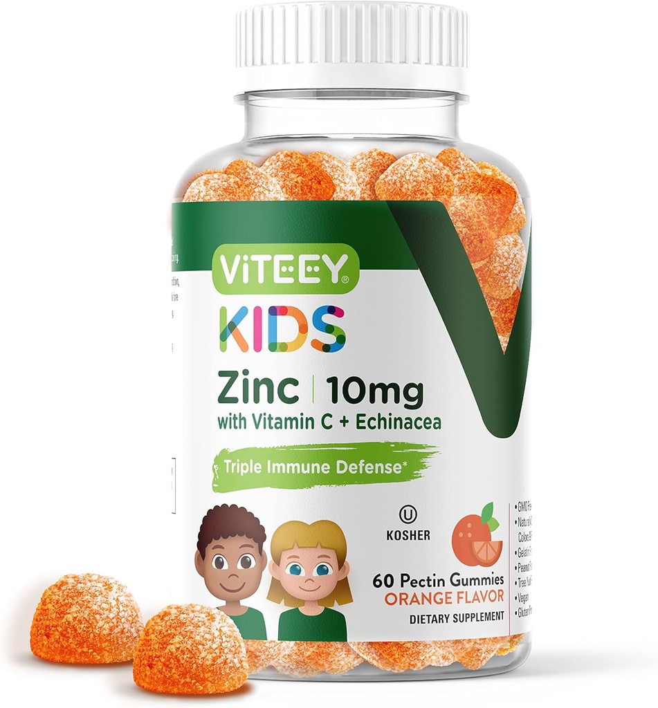 Viteey Zink til børn Gummies 10mg, med C-vitamin & Echinacea - immunforsvar, kraftfuld Natural Antioxidant, Kids Zink Vitamin Supplement - Vegan, Gelatine Free - Tasty Chewable Orange Flavor Gummy