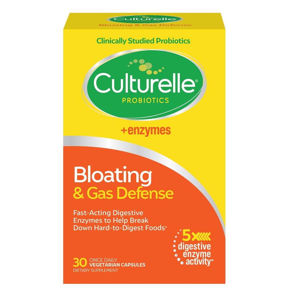 Culturelle Bloating & Gas Defense, fordøjelsesenzymer & probiotika til fordøjelsessygdomme, 30 kapsler, understøtter lejlighedsvis fordøjelsesbesvær & ubehag