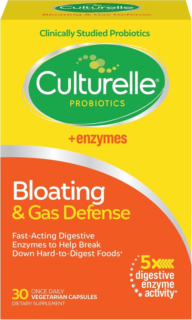Culturelle Bloating & Gas Defense, fordøjelsesenzymer & probiotika til fordøjelsessygdomme, 30 kapsler, understøtter lejlighedsvis fordøjelsesbesvær & ubehag