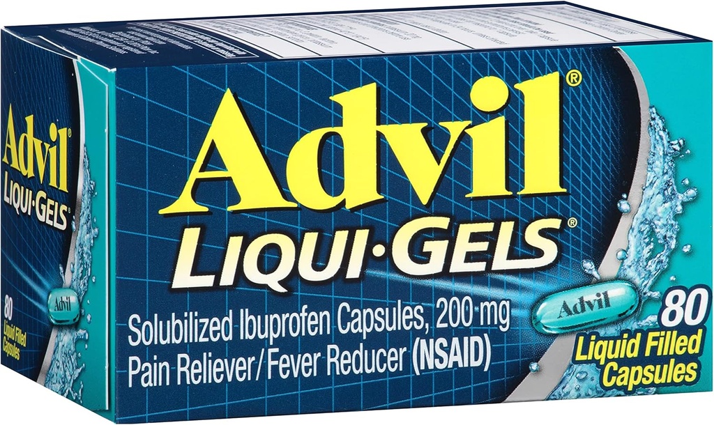 Advil Liqui- Gels Pain Reliever og Fever Reducer, Smertemedicin for voksne med Ibuprofen 200 mg for hovedpine, rygsmerter, menstruel smerte og fælles smertelindring - 80 flydende fyldte kapsler
