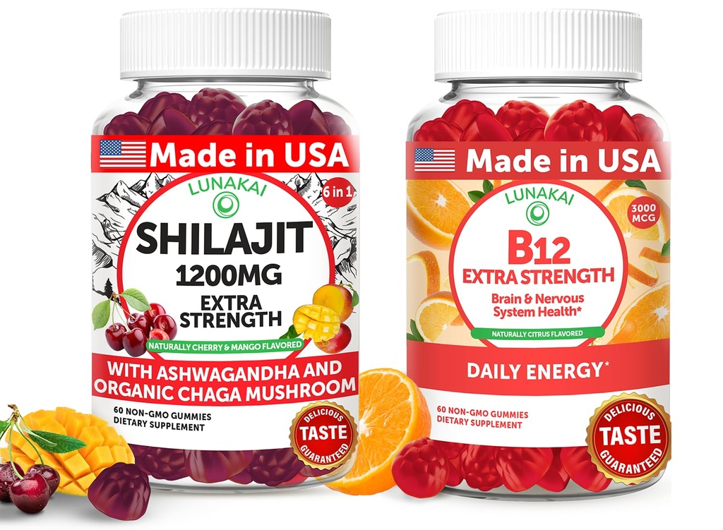 Lunakai USA Made Shilajit & B12 Extra Strength Gummies Bundle - Energi, Fokus og Daglig Wellness - Vegan & Lækker