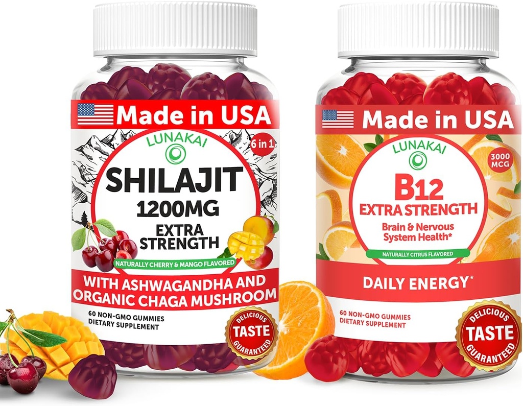 Lunakai USA Made Shilajit & B12 Extra Strength Gummies Bundle - Energi, Fokus og Daglig Wellness - Vegan & Lækker