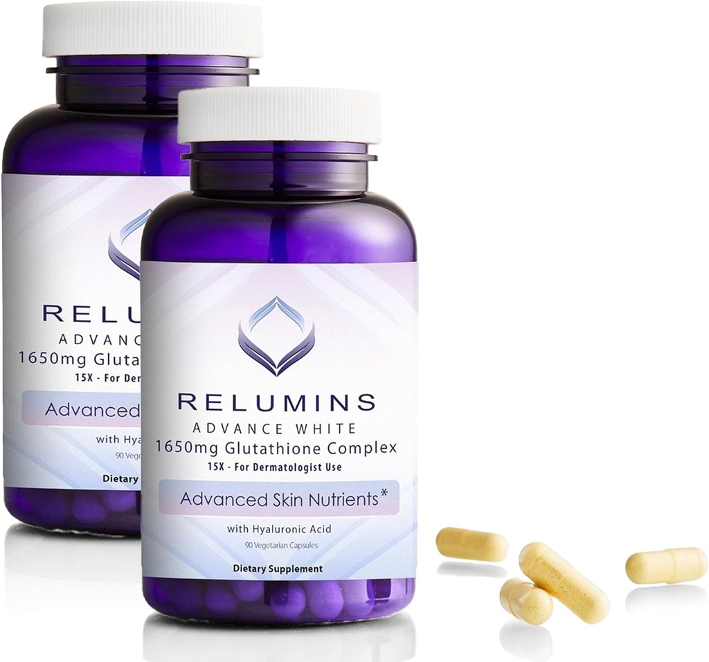 Reluminer 1650mg L- Glutathione Complex med Hyaluronsyre, Alpha Lipoic Acid, Rose HIPS, Vitamin E & Riboflavin, Antioxidant Support, Skin Hydration & Wellness, Lavet i USA - 90 kapsler x 2 flasker