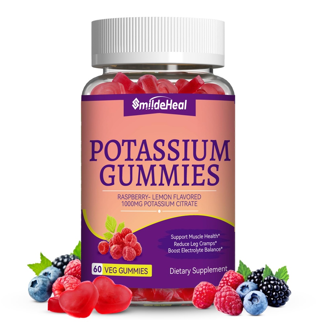 Kalium Gummier, tyggetabletter Kalium Supplement 1000mg til voksne, Support Leg Cramp & Muscle Health for kvinder & mænd - sukkerfri, Vegan, 60 Greve