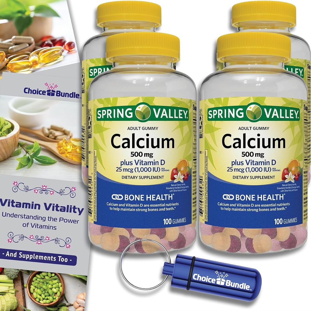 Valg Bundle Spring Valley Calcium 500 mg Plus vitamin D 25 mcg Bone Health Kosttilskud Gummies, 100 Ct 4 pk (400 Total) + Vitamin Guide og Pill Container (6 genstande)!