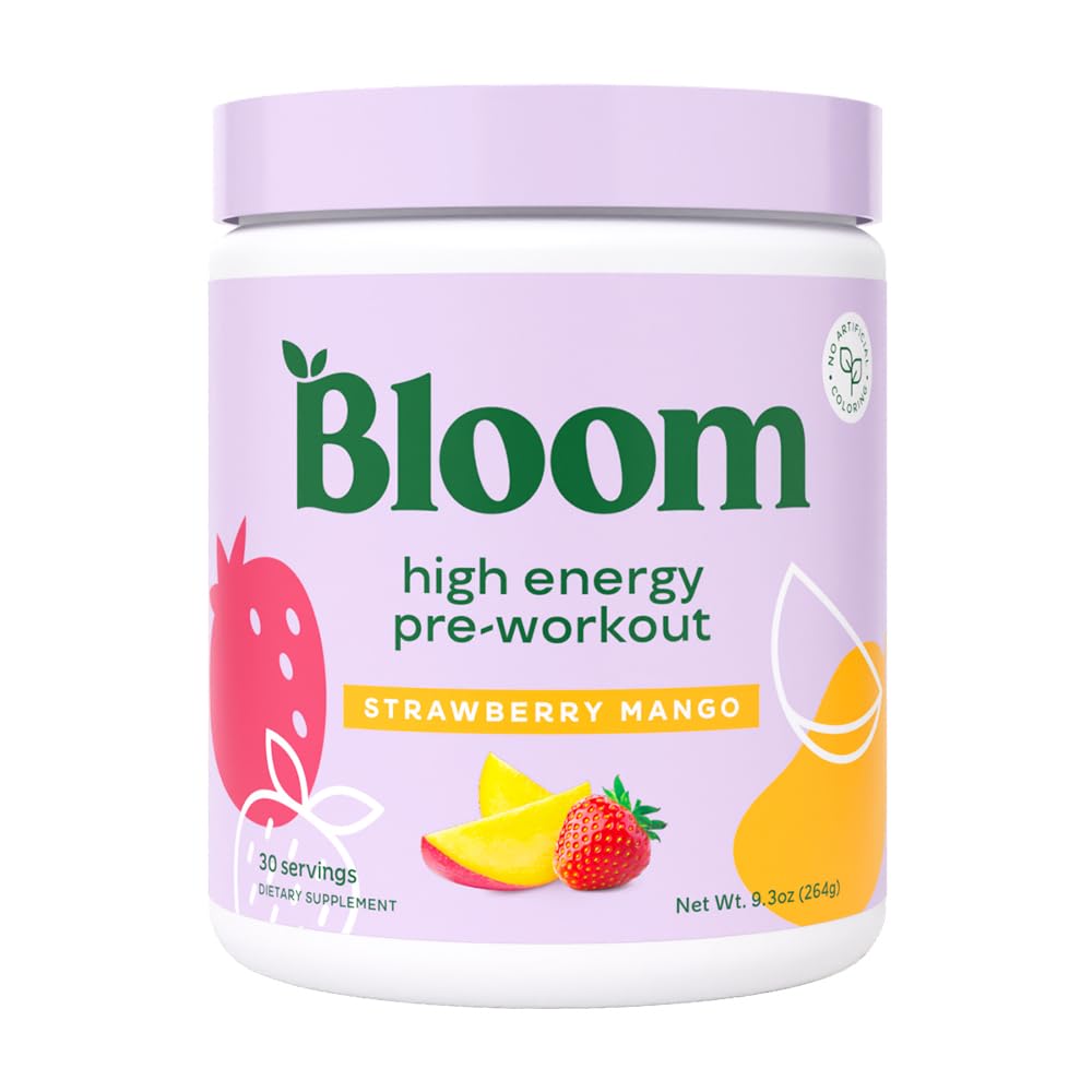 Bloom Nutrition High Energy Pre Workout med Beta Alanine, Ginseng og L Tyrosine for Amino Energy, Natural Coffein Powder fra Green Tea Extract, Keto, Sugar Free Drink Mix, Jordbær Mango