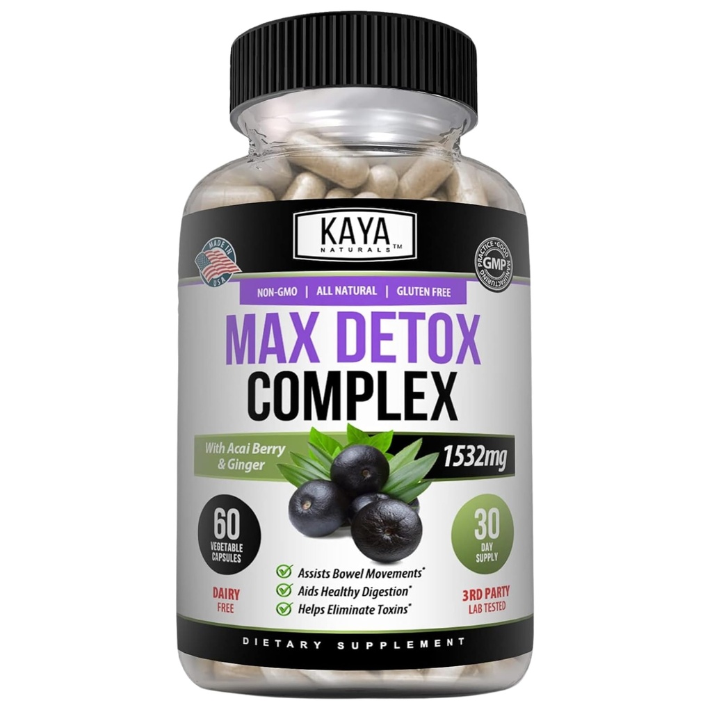 Kaya Naturals Max Detox Herbal Supplement - Naturlige ingredienser 1532 mg - Psyllium Powder, Acai Berry Extract, Ginger Root 60 Greve