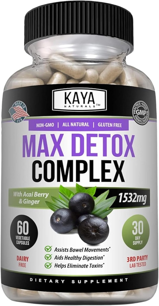 Kaya Naturals Max Detox Herbal Supplement - Naturlige ingredienser 1532 mg - Psyllium Powder, Acai Berry Extract, Ginger Root 60 Greve