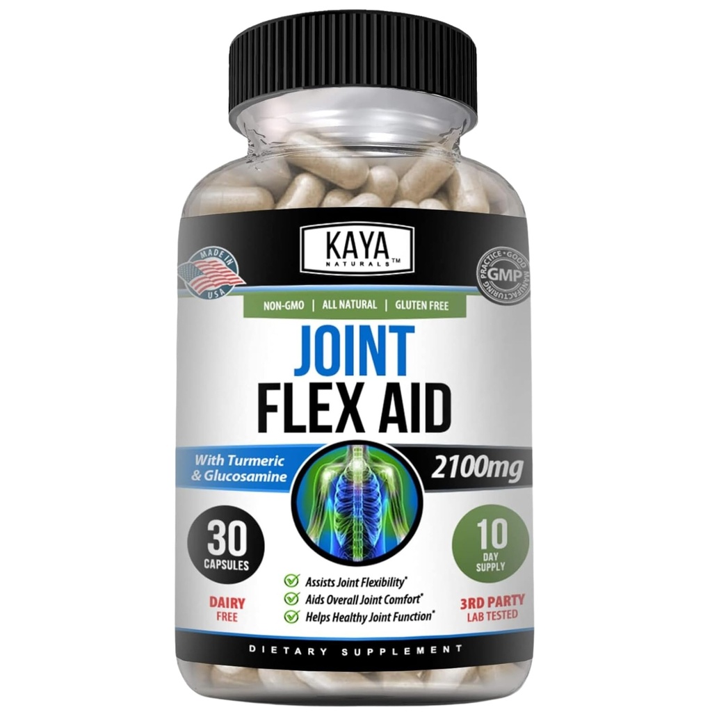 Kaya Naturals Mobility Flex Aid - Mobility Support for mænd og kvinder - Gurkemeje kapsler med Glucosamin Sulfate - for Knee Support og Mobility Health - 30 Greve