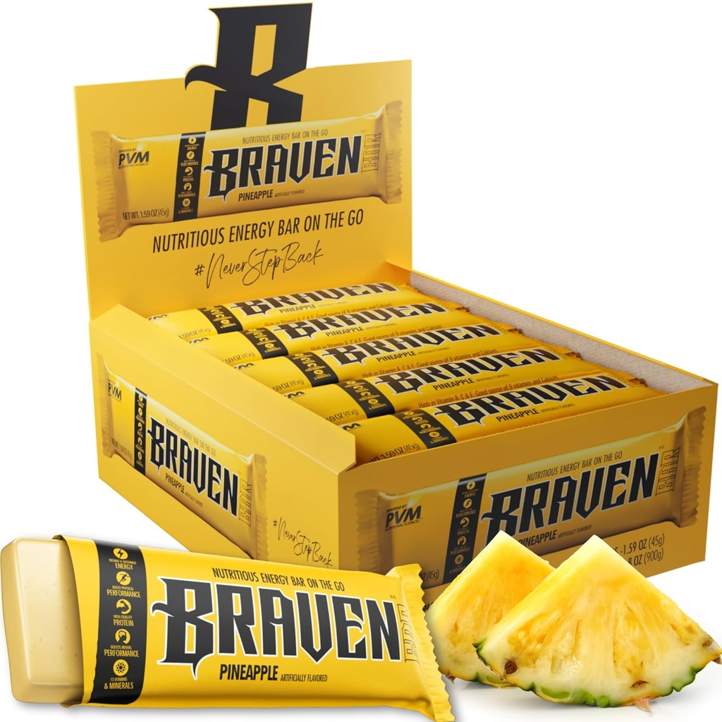 Braven Bar Ananas Energy Bars (1.59 oz, pakke af 20) - Energitykkere med 5g Protein - On- the- Go Energisnacks til løb, vandreture og sport - Gluten Free Snacks til Vedvarende Energi Boost
