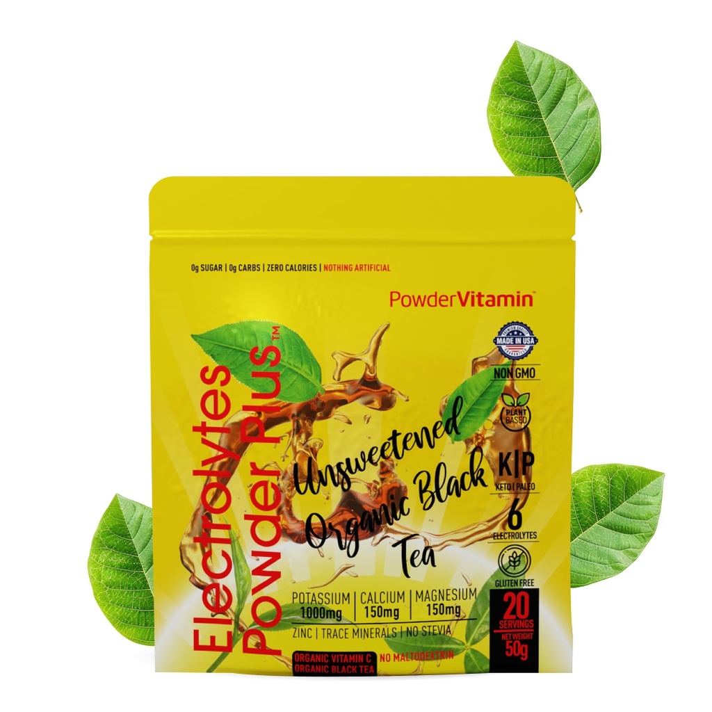 PowderVitamin Electrolytes Powder Plus (20 Servere) Usødet Black Tea Electrolyte Powder Keto, SugarFree, Pink Himalayan Salt, 1000mgKalium, 150mgCalcium, 150mgMagnesium, Hydration Powder NO STEVIA