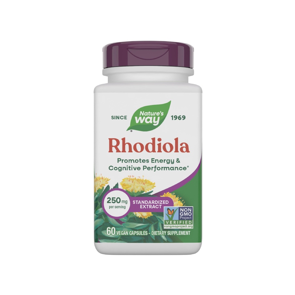 Nature 's Way Rhodiola Premium Extract, 250 mg per servering, Understøtter Energy & Cognitive Performance *, Adaptogen Herb *, Non- GMO Project Verified, Vegan, Gluten Free, 60 kapsler (Packaging May Vary)