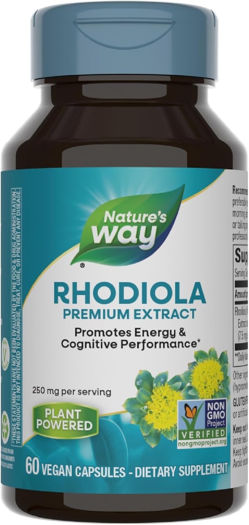 Nature's Way Rhodiola Premium Extract, 250 mg per serving, Supports Energy & Cognitive Performance*, Adaptogenic Herb*, Non-GMO Project Verified, Vegan, Gluten Free, 60 Capsules (Packaging May Vary)