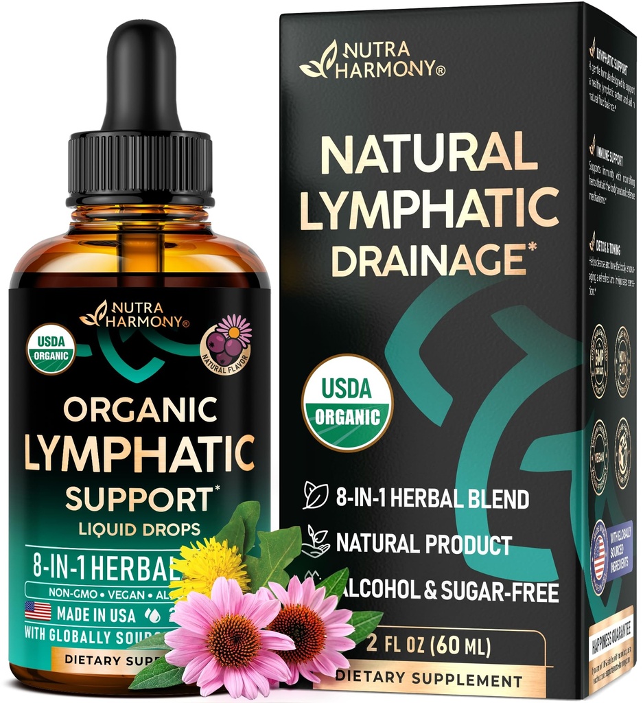 USDA Organic Lympletic Drainage Supplement - Echinacea - 124; Elderberry - 124; Mælkebøsning - 124; Rosehip - 124; Cleavers - 124; Calendula - 124; Burdock - Made in USA - Lymph System Drops - Immunstøtte, Rengøring & Detox, 2 fl oz