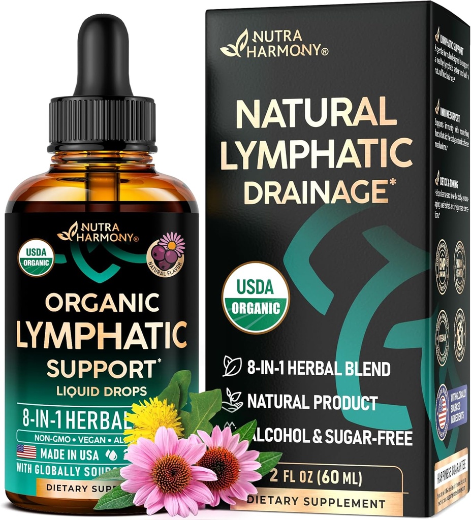 USDA Organic Lympletic Drainage Supplement - Echinacea - 124; Elderberry - 124; Mælkebøsning - 124; Rosehip - 124; Cleavers - 124; Calendula - 124; Burdock - Made in USA - Lymph System Drops - Immunstøtte, Rengøring & Detox, 2 fl oz