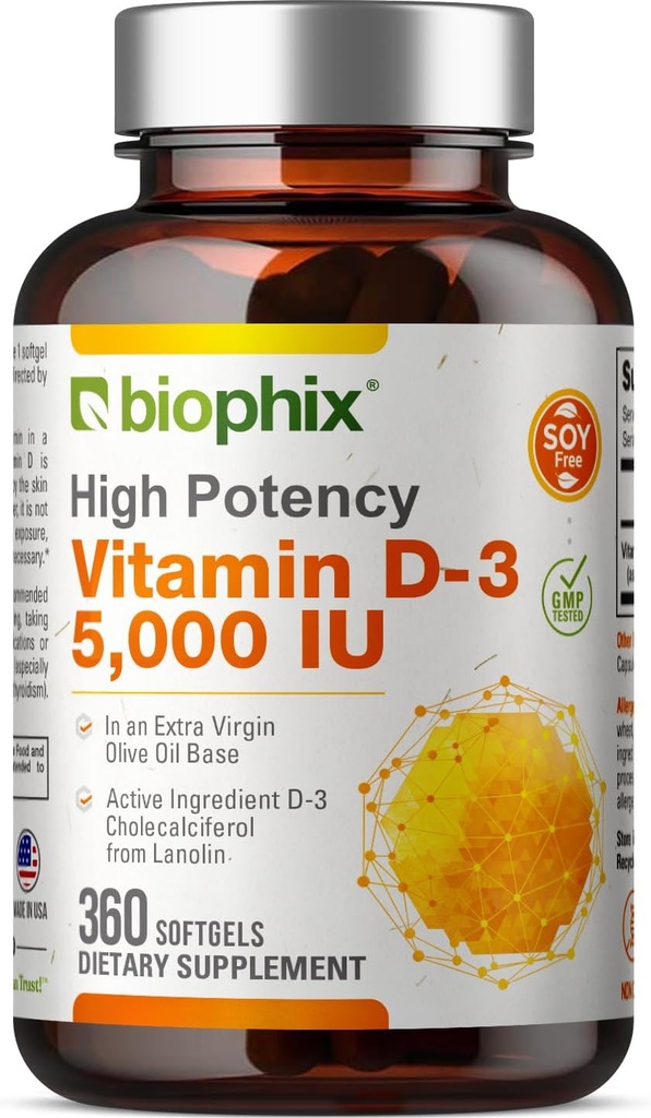 biophix vitamin D-3 5000 IE 360 Softgel - høj potens i ekstra Jomfru Olivenolie Non- GMO soy- Gratis støtter stærke knogler immunforsvar sundhed