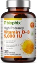 biophix vitamin D-3 5000 IE 360 Softgel - høj potens i ekstra Jomfru Olivenolie Non- GMO soy- Gratis støtter stærke knogler immunforsvar sundhed