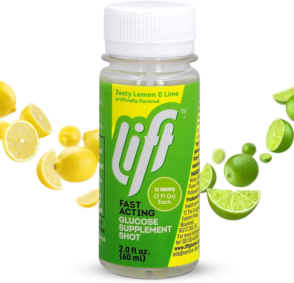 Løft Glucose Fast- Actioning Glucose Energy Juice Shots, Lemon Lime, 2.0 fl oz Flasker (Pack of 12)