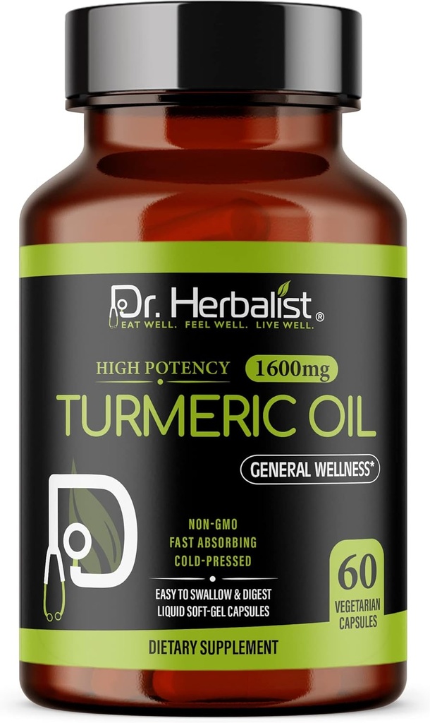 Dr. HERBALIST Gurkemeje Curcumin Oil Capsules 1600mg - 60 Capsules Note 124; Non- GMO Note 124; Fasting Absorbing Note 124; Vegetar Note 124; Cold- Pressed Note 124; High Potency I AKA Haldi Capsules (1 pakke: 60 Capsules)