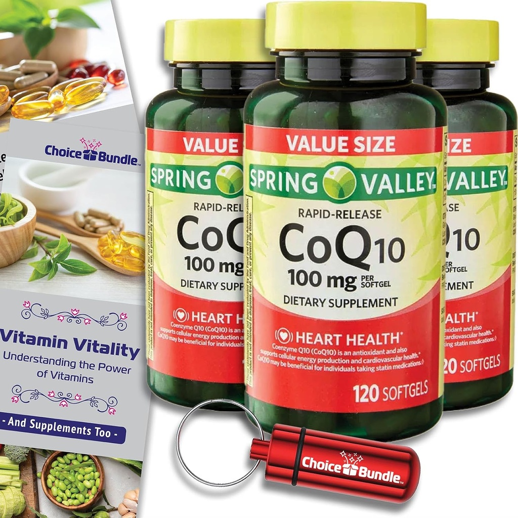 Valg Bundle Spring Valley Rapid- Release CoQ10 Coenzym Q10 100 mg Softgels 120 CT 3 stk. (360 Total) + Vitamin Guide & Pill Container (5 genstande)!