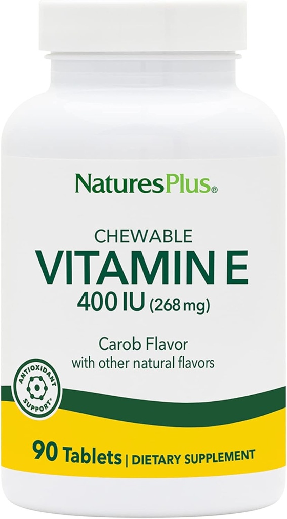 NaturesPlus E-vitamin Chewable - 400 iu, 90 Vegetariske tabletter - Natural Carob Flavor - Sund Kardiovaskulær funktion, Free- Radical Defense & Samlet velvære - Gluten- Free - 90 Servering