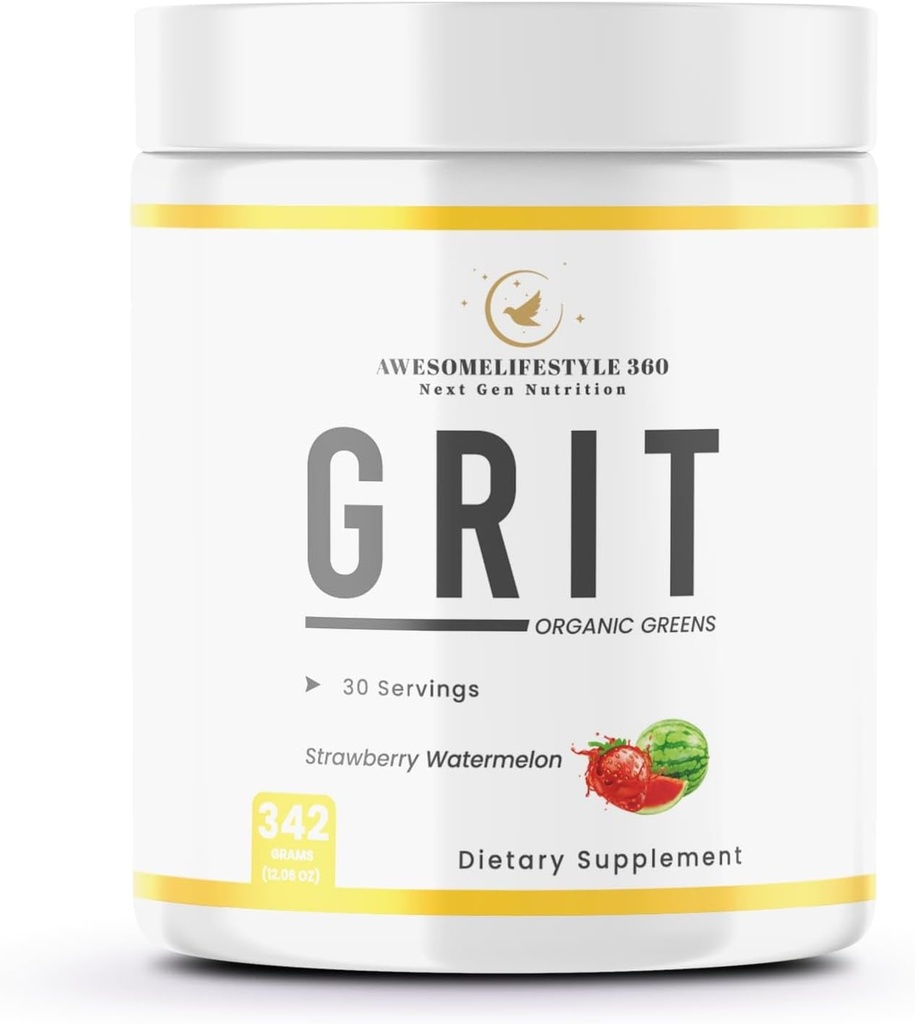 Awesomelifestyle360 Næste generator Nutrition GRIT Organic Green Strawberry Watermelon Flavor General Health Dietary Supplement Preworkout Energy, Focus & Pumps med Beta, immunforsvar