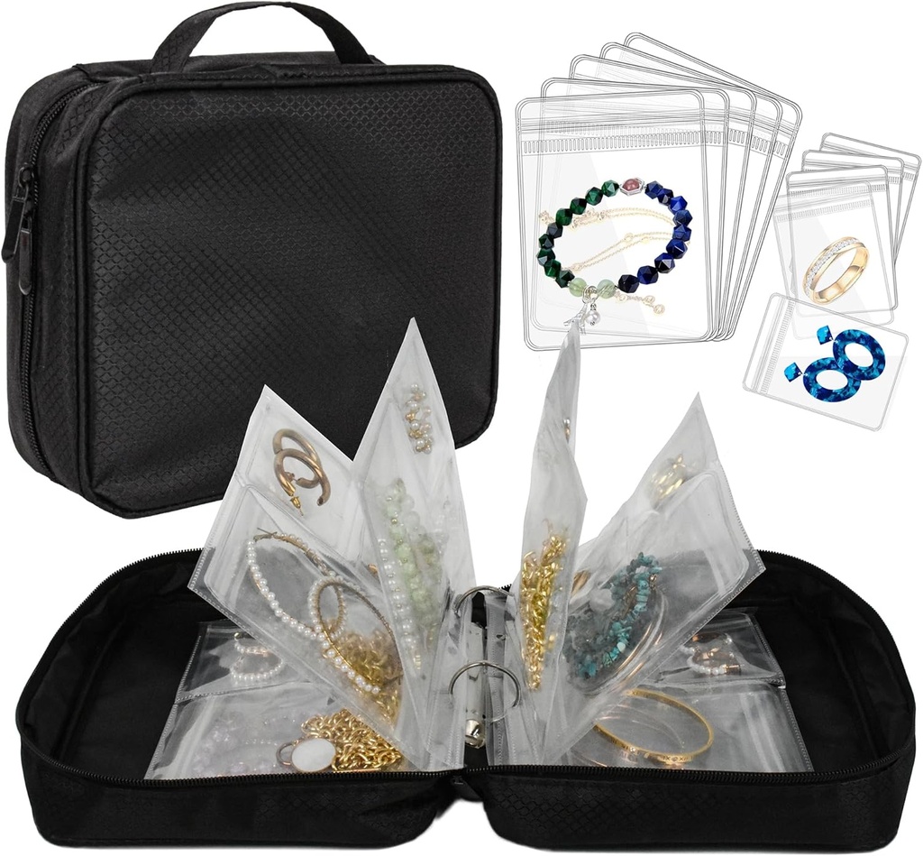 Travel Smykker Organizer sag Transparent Smykker Opbevaring Book Binder Bag for øreringe, ringe, halskæde, armbånd (All- Black)