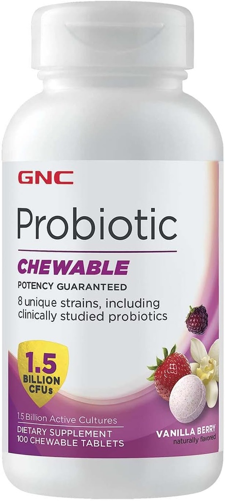 GNC Probiotisk Chewable med 1,5 milliarder CFU - Vanilla Berry, 100 tabletter, Daily Probiotic Support
