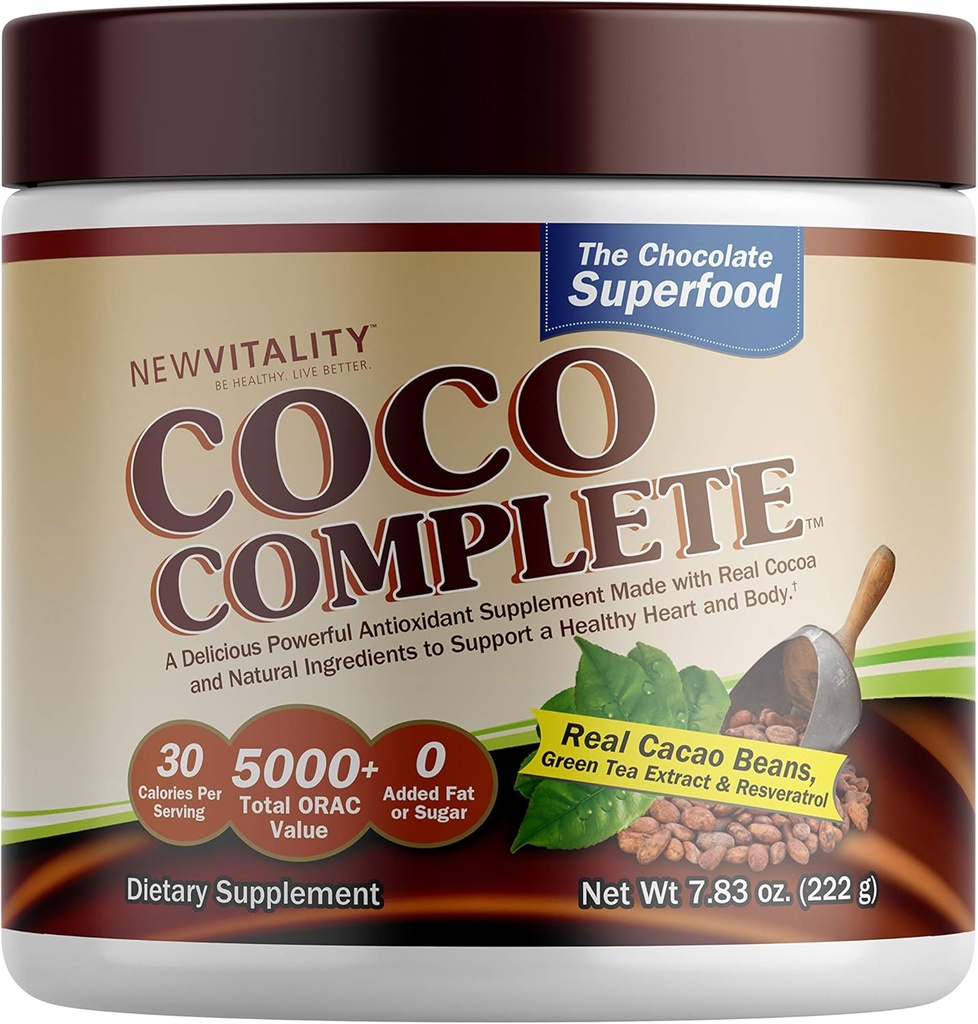 Coco Complete by New Vitality - immunsystem og boosting Superfood pulver supplement, energistøtte, sukker fri, Real Cocoa Powder & Green Tea Extract, Chokolade Flavor, 30 Servere
