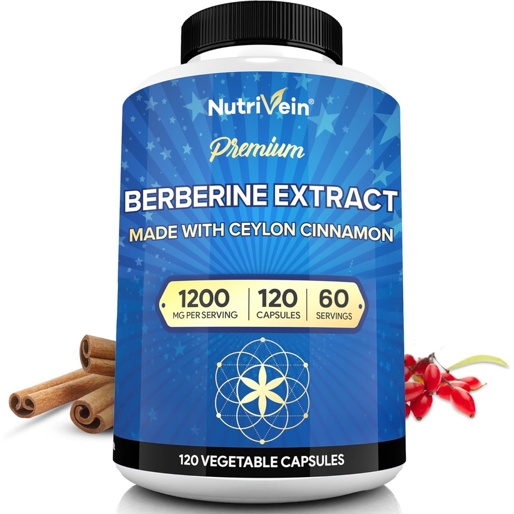 Nutrivein Premium Berberine HCL 1200 mg med Ceylon Cinnamon - 120 kapsler: høj- Absorption Berberine supplement til forsvar, fordøjelse, & Metabolisme