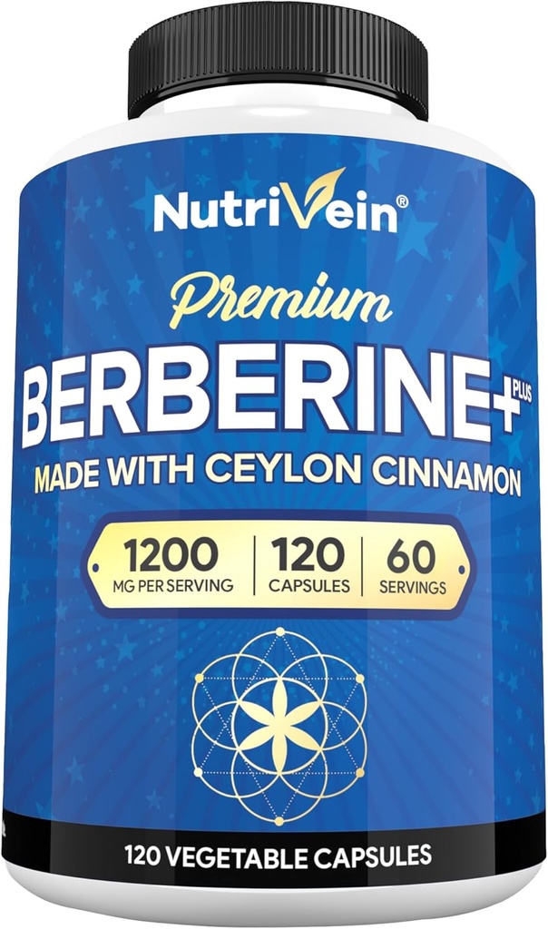 Nutrivein Premium Berberine HCL 1200 mg med Ceylon Cinnamon - 120 kapsler: høj- Absorption Berberine supplement til forsvar, fordøjelse, & Metabolisme