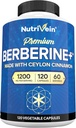 Nutrivein Premium Berberine HCL 1200 mg med Ceylon Cinnamon - 120 kapsler: høj- Absorption Berberine supplement til forsvar, fordøjelse, & Metabolisme