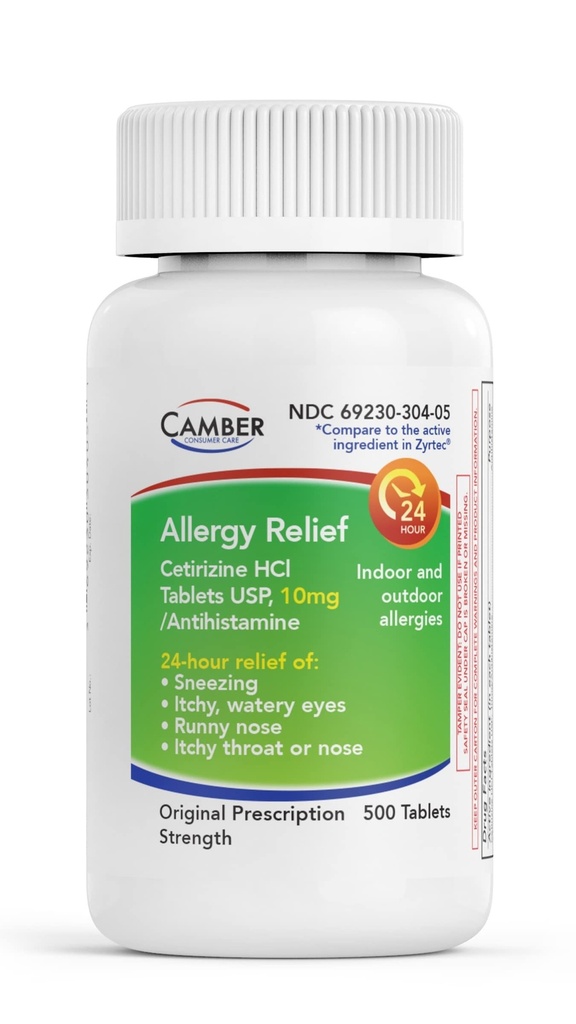 CAMBER PHARTICALS, INC Cetirizin HCI 10mg tabletter, 24- timers allergilindring, Allergi Medicin - 500 Tæl