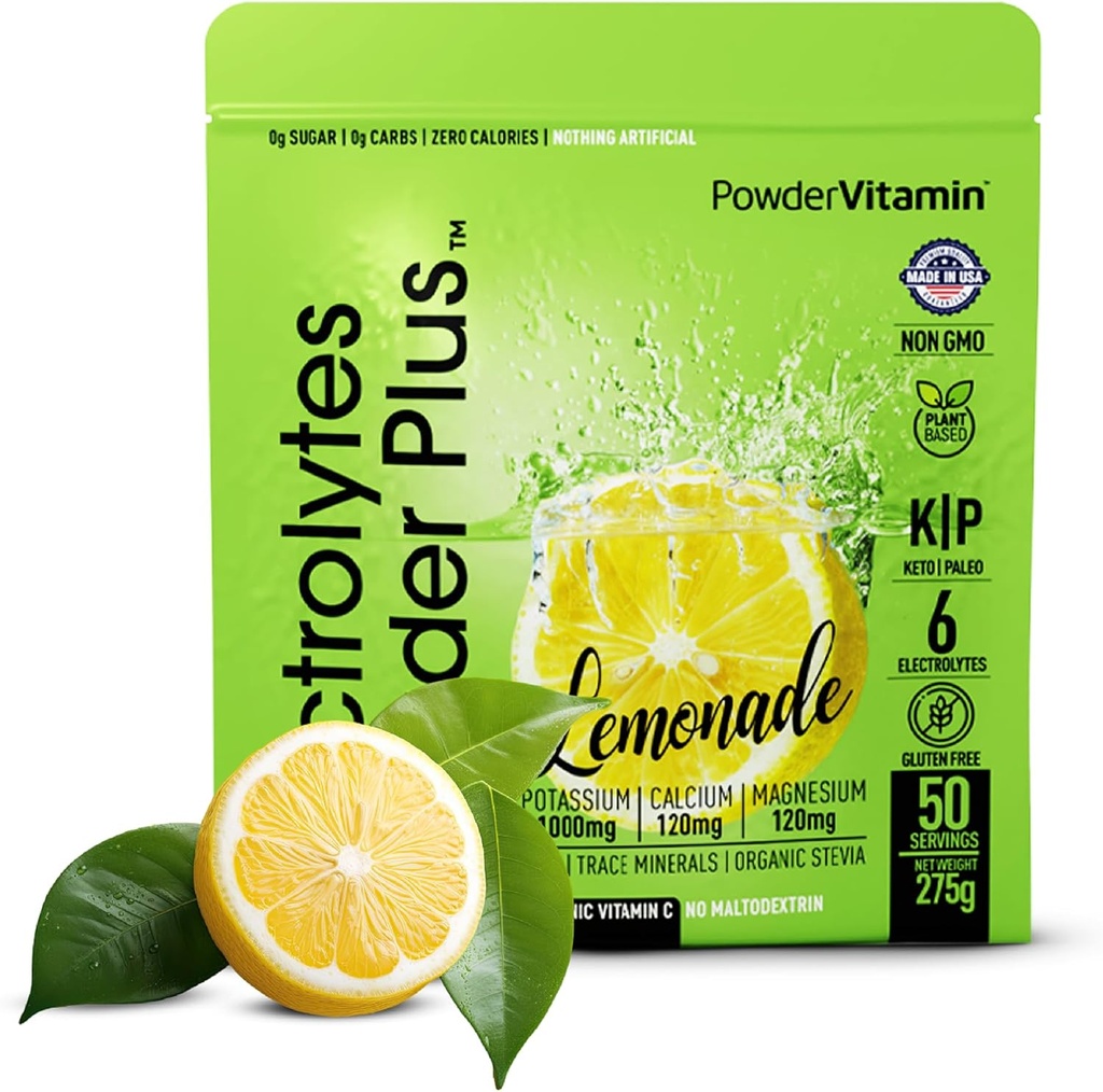 Elektrolytter Powder Plus (50 Servere), 0 Calorie Keto, 0 Sukker, Ingen Maltodextrin, 1000mg Kalium, 120mg Calcium, 120mg Magnesium, Hydrationspulver (50 Servere, Lemonade)