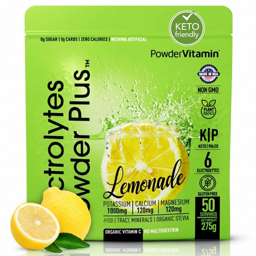 Elektrolytter Powder Plus (50 Servere), 0 Calorie Keto, 0 Sukker, Ingen Maltodextrin, 1000mg Kalium, 120mg Calcium, 120mg Magnesium, Hydrationspulver (50 Servere, Lemonade)