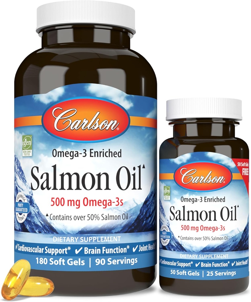 Carlson - Norwegian Salmon Oil, 500 mg Omega- 3s, Norwegian Salmon Oil Supplement, Wild Catht Omega 3 Salmon Oil Capsules, Sustainable Sourced, Brain, Heart & Joint Health, 180 + 50 Softgels