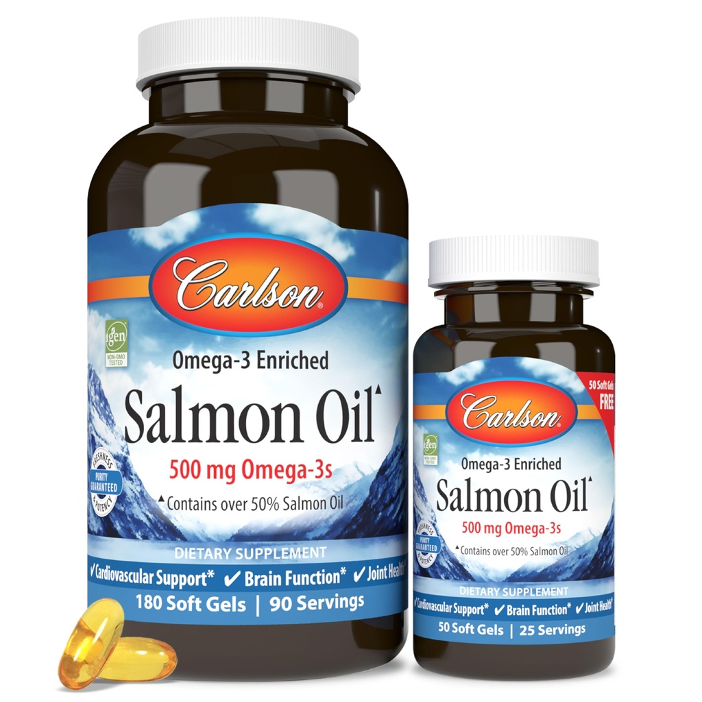Carlson - Norwegian Salmon Oil, 500 mg Omega- 3s, Norwegian Salmon Oil Supplement, Wild Catht Omega 3 Salmon Oil Capsules, Sustainable Sourced, Brain, Heart & Joint Health, 180 + 50 Softgels