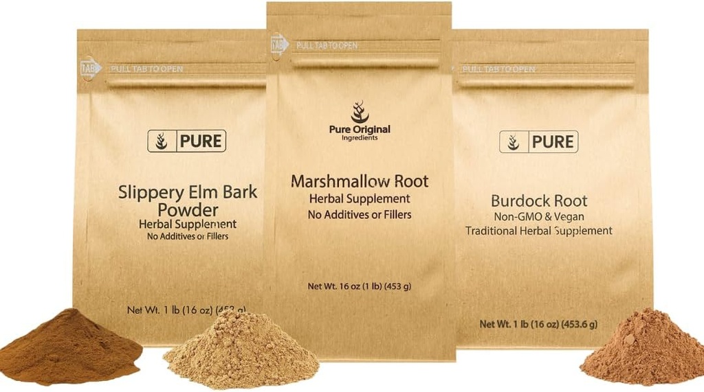 PURE ORIGINAL INGREDIENSER Slippery Elm Bark, Marshmallow Root, og Burdock Root Bundle, 1 LB Hver, Pulver, Urtetilskud