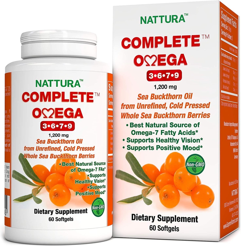 Nattura Complete Omega 3-6-7-9, Pure Sea Buckthorn Oil, europæisk kvalitet, fra uraffineret, kold presset hele havet Buckthorn Wild Berries - Non-GMO, Certified Kosher, Glutenfri 1 flaske - 60 kapsler
