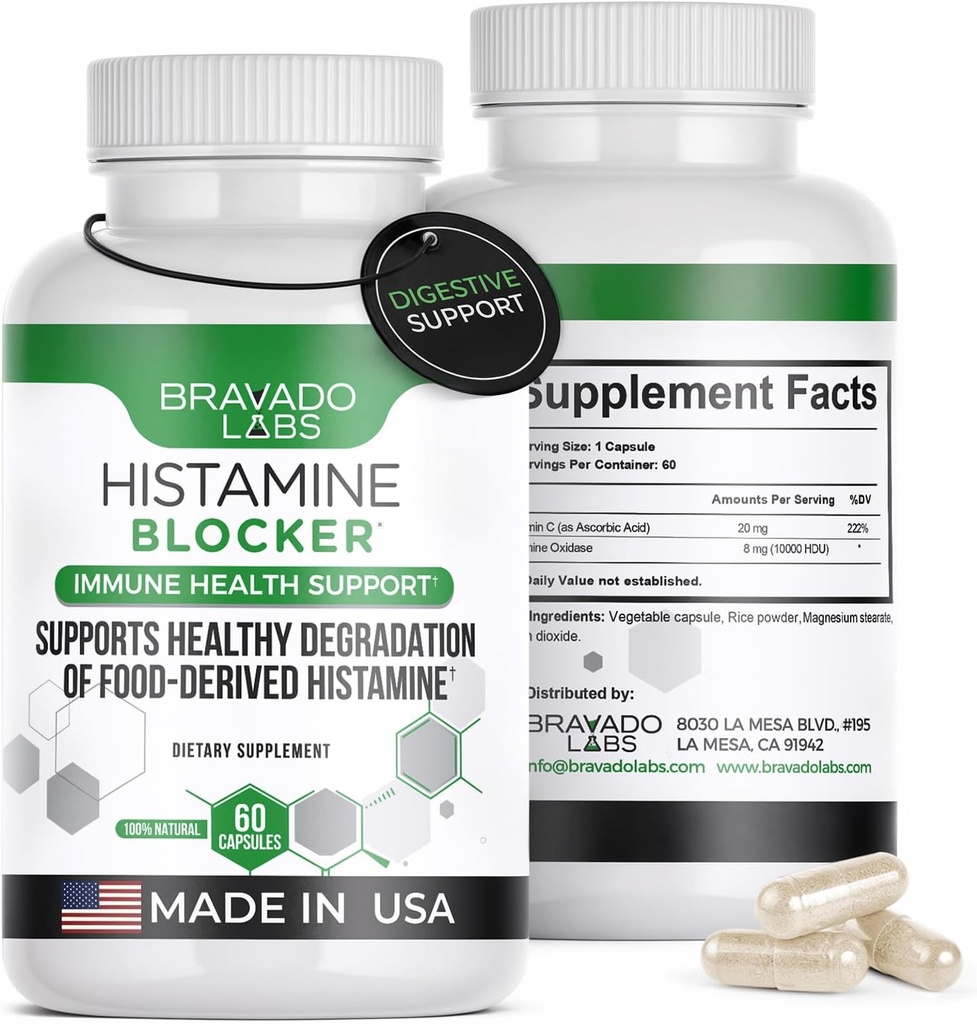 Histamine Blocker Kosttilskud - DAO Enzyme Formel & C-vitamin - Daglig støtte til Histamine Intolerance & immunforsvar - DAO Kosttilskud Histamine Blocker - 60 kapsler - Made in USA