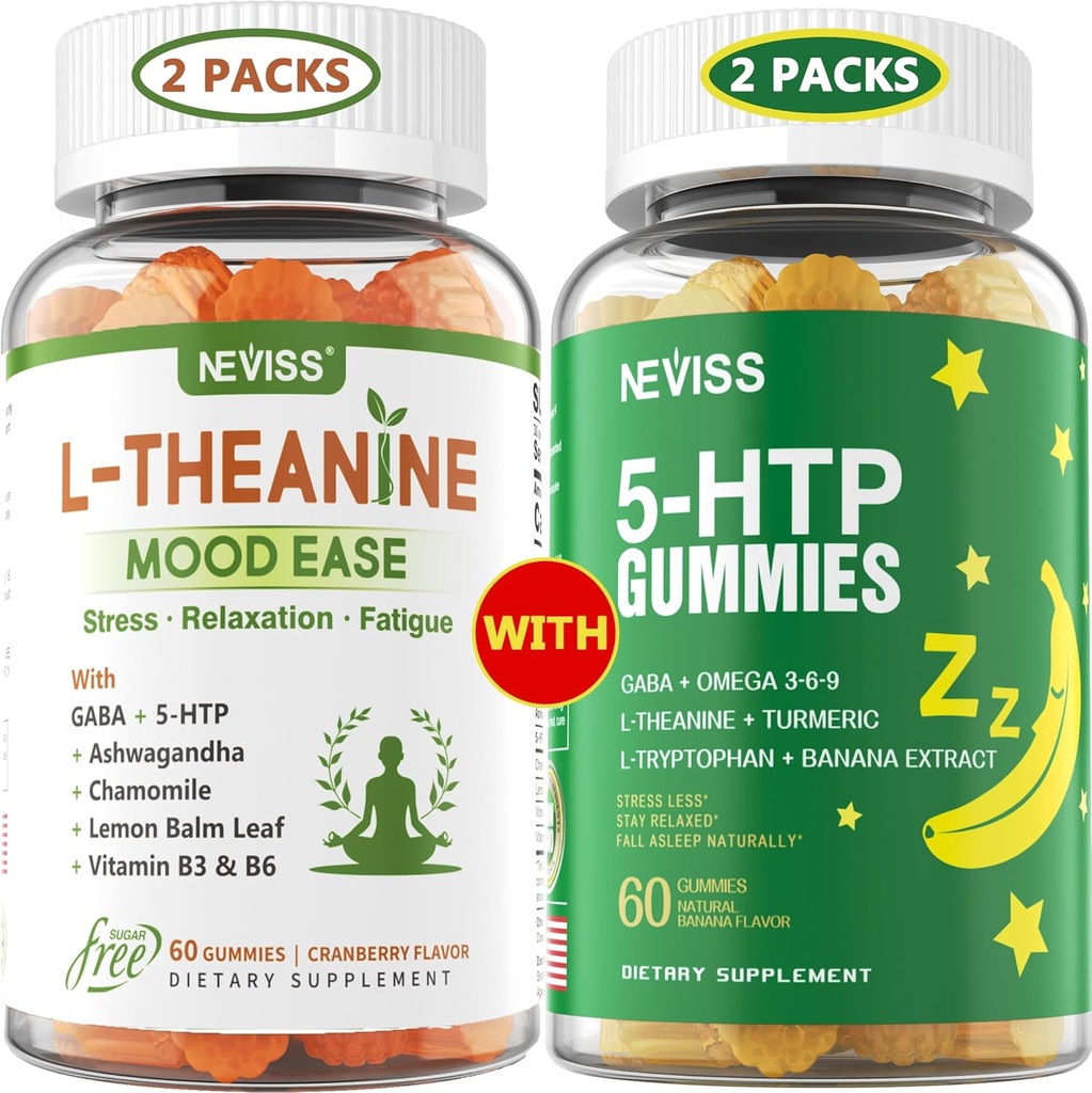NEVISS Sugar Free L- Theanine Calm Gummies 120 Counts + Sugar Free 5- HTP Gummies 120 Counts
