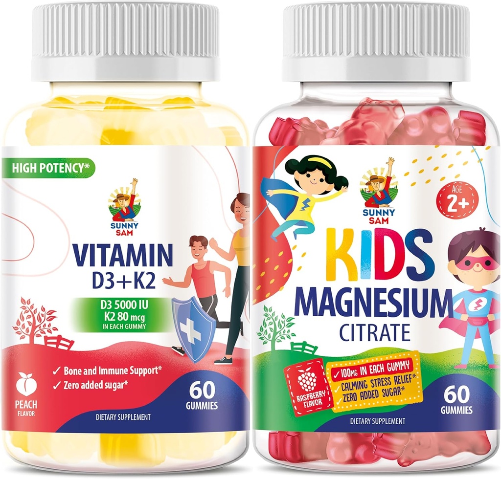 SUNNY SAM-vitamin D3 K2 Gummies 5000 IE & Magnesium Gummies for Kids Citrate Chewable Supplement for Mood & Muscle Support