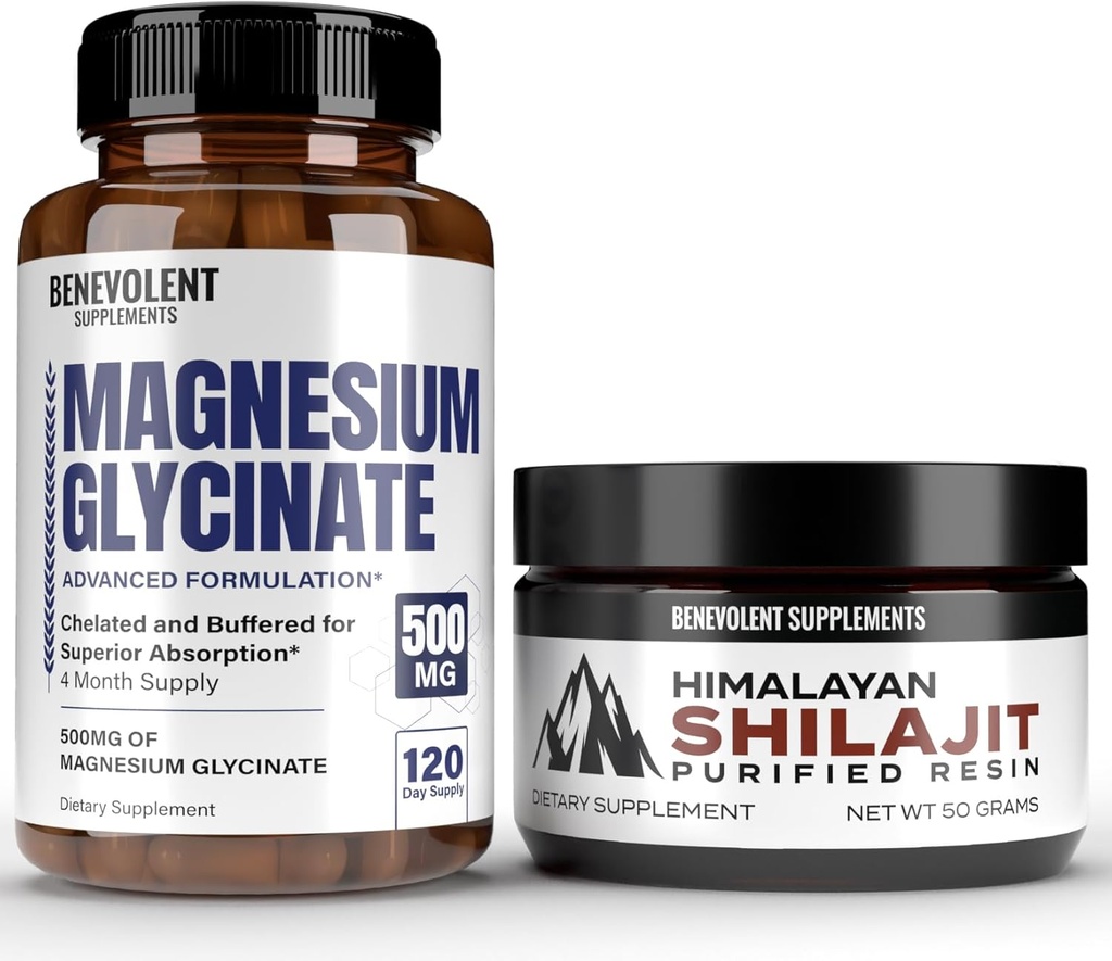 Premium Magnesium Glycinate 500 mg kapsler & Himalayan Shilajit Resin - (8 måneder Supply + High Absorption Formel) Chelated Buffered Glycinate - 85 + Spormineraler til energi, ydeevne, immunforsvar