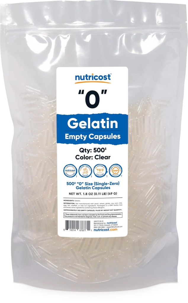 Nutricost tomme kapsler Gelatine størrelse 0- 500 Ryd tomme '0' Gel kapsler - Kosher, Non- GMO, Soy Free, Gluten Free