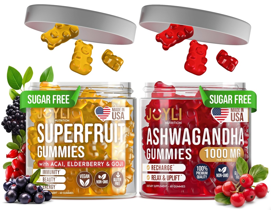 Joyli Ashwagandha & Superfruit Gummies Bundle - Mind & Body Balance + Daglig Wellness Support - Vegan Multivitamin Formel med Goji, Elderberry, C-vitamin, D & Zink - 2 Pack for voksne