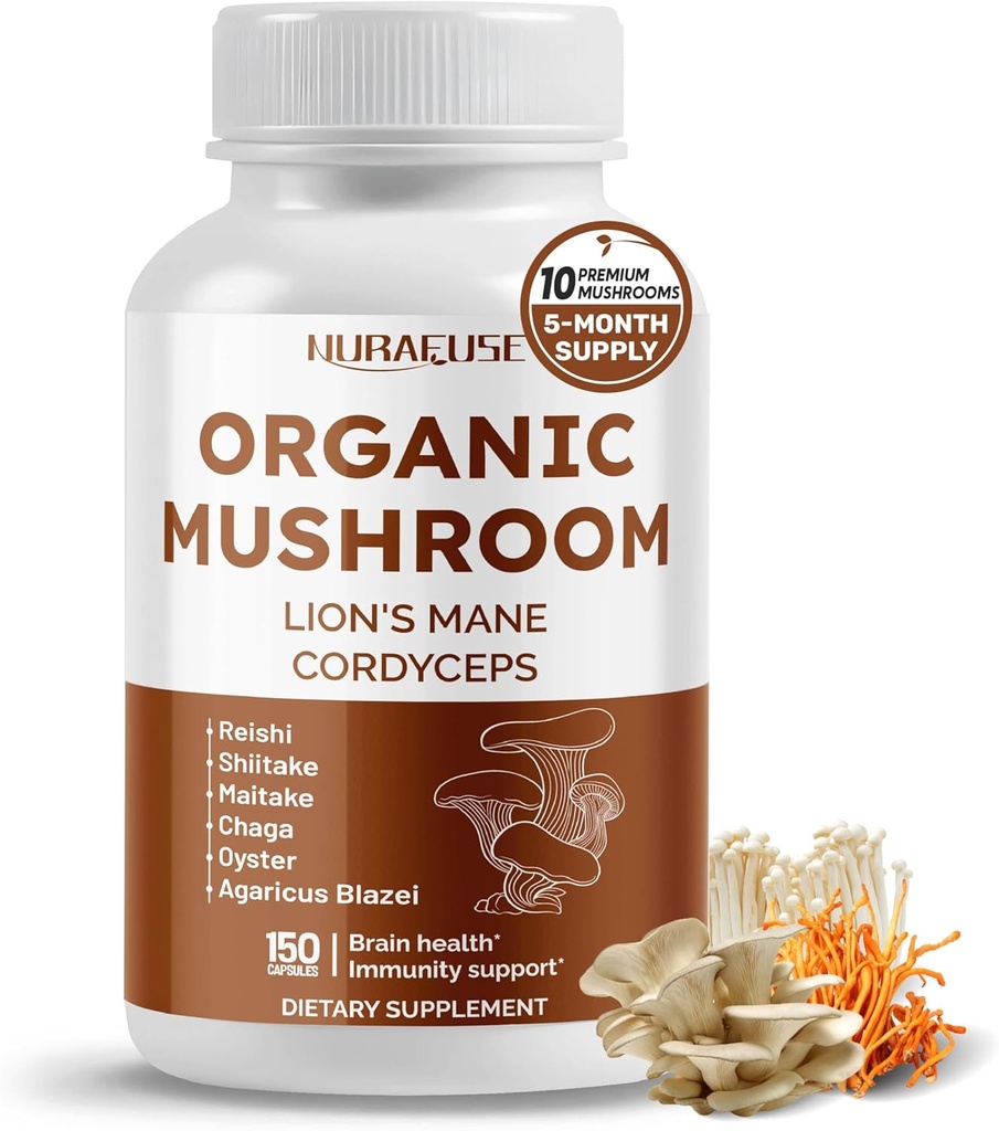 Økologisk Mushroom 10- in-1 Formel - med løve 's Mane, Cordyceps Reishi, Shiitake, Maitake, Chaga, Non- GMO, Gluten- Free, Soy- Free (150 Greve (Pack of 1))
