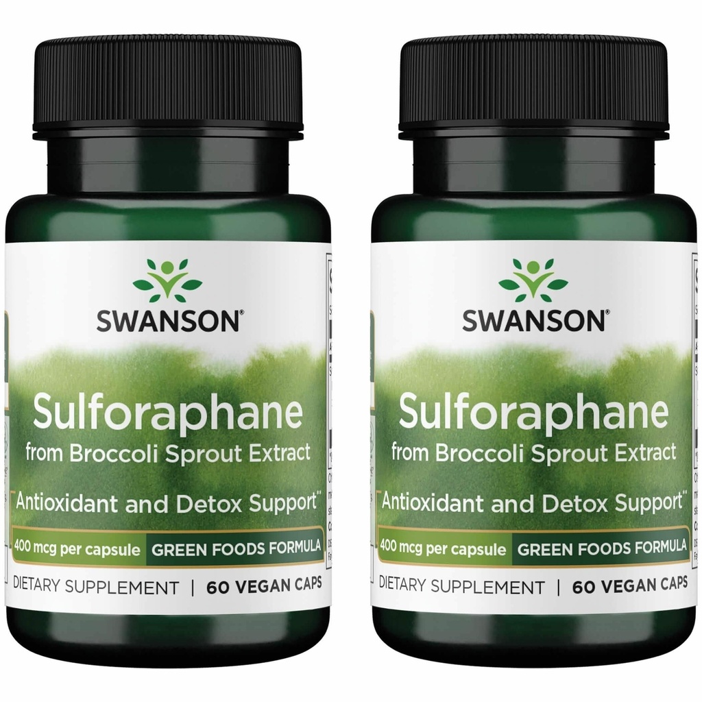 Swanson Sulforaphane - Broccoli Spraut Extract Support Cellular, GI Tract, og Leversundhed - Naturligt supplement Standardiseret til 0,4% Sulforaphane - (60 Veggie Kapsler, 400mcg Hver) (2 Pack)