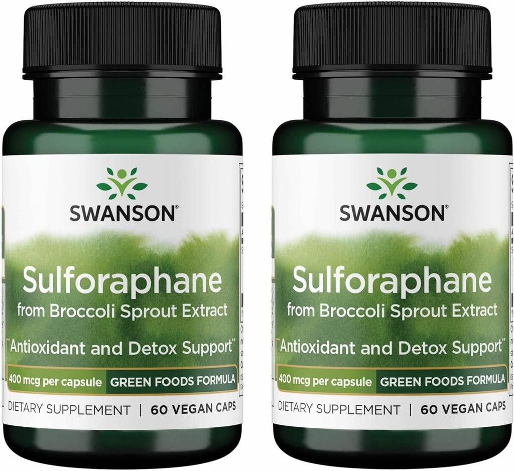 Swanson Sulforaphane - Broccoli Spraut Extract Support Cellular, GI Tract, og Leversundhed - Naturligt supplement Standardiseret til 0,4% Sulforaphane - (60 Veggie Kapsler, 400mcg Hver) (2 Pack)