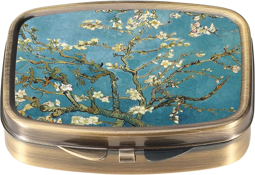 Dynippy Pill Case Pill Box med spejl Retro Pocket 2 Compartment Medicine Case Vitamin Pill Organizer til Pocket Purse og Rejser (A-Plum Blossom)